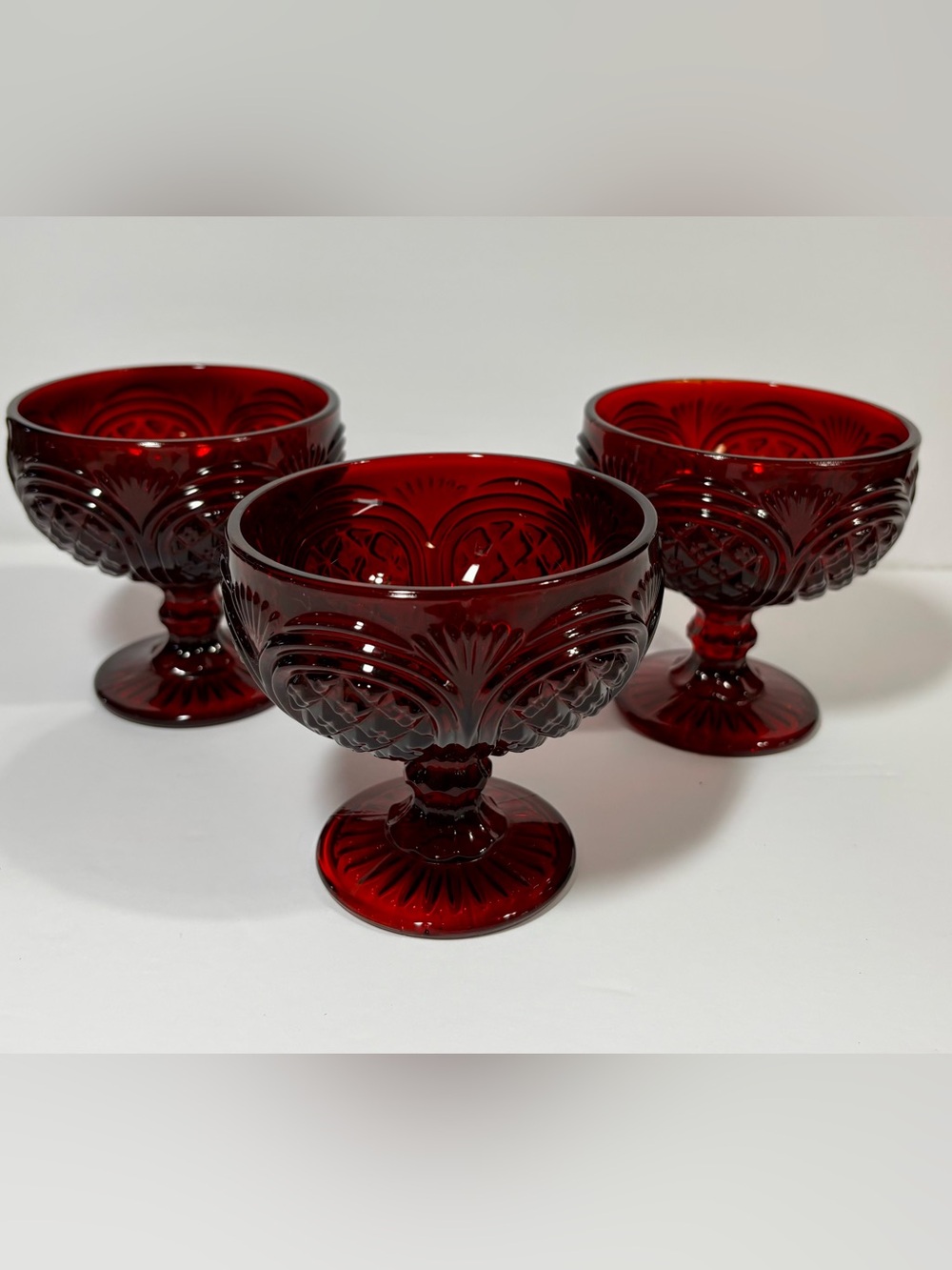 Vintage AVON Cape Cod Ruby Red Pressed Glass Dessert Compotes - Set of 3